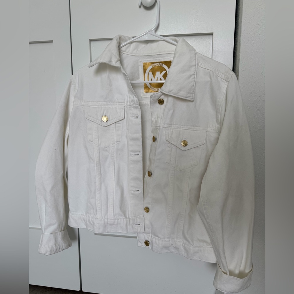 NWT Michael Kors White Denim Jacket Gold Buttons Size L
